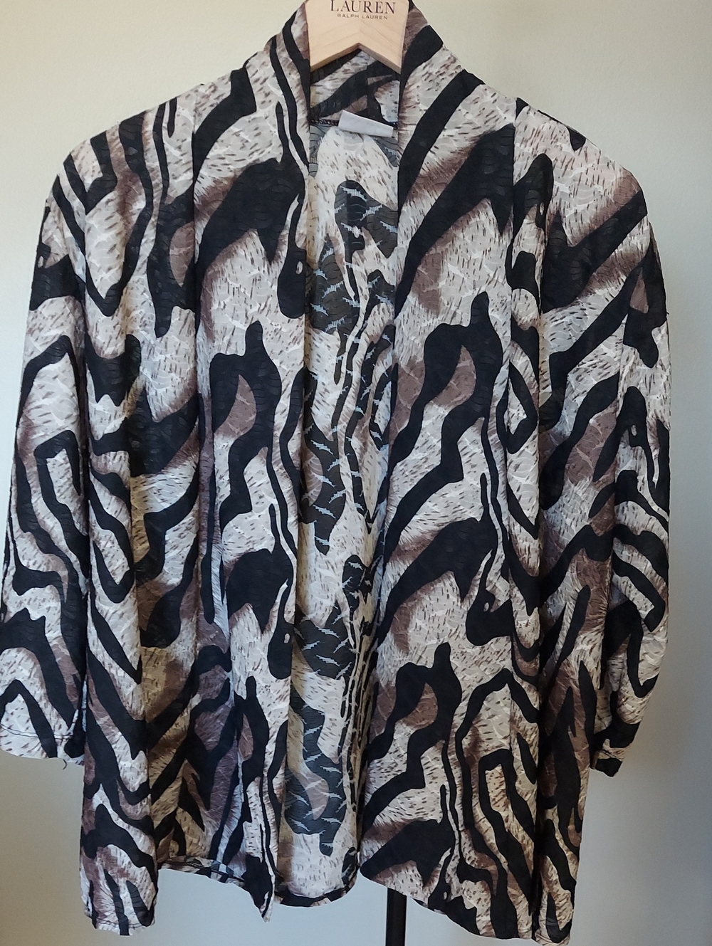 Chicos Size 3 Women's Cardigan Open Front Zebra Print 3/4 Sleeve